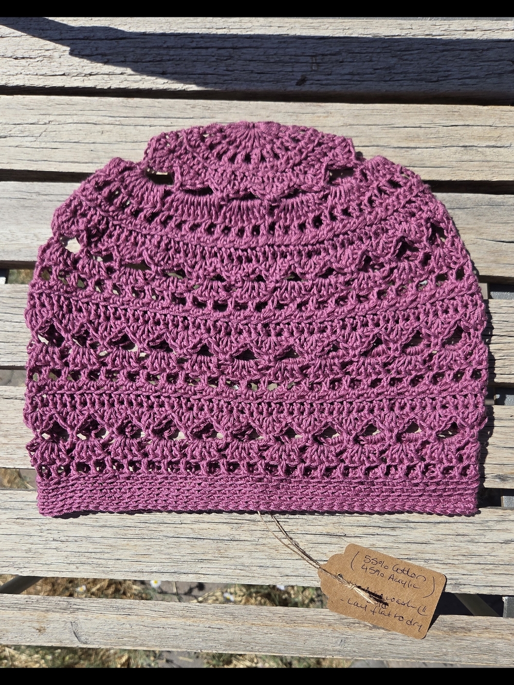 Artisan Handmade Extra-Lightweight Cotton Blend Crochet Lacey Boho Slouch Beanie - Picture 3 of 9